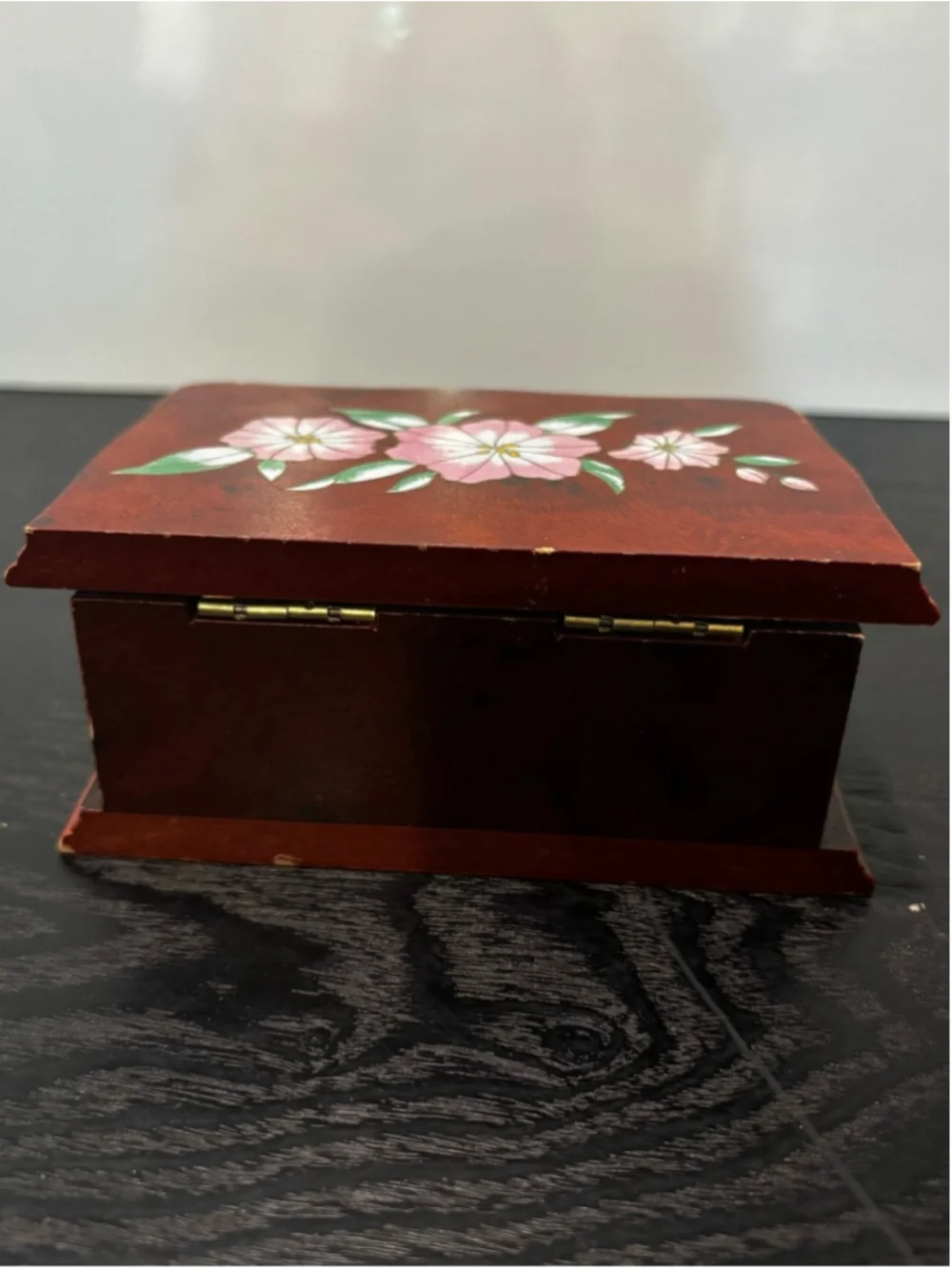 Vintage Wooden Trinket Box with Pink Floral Design